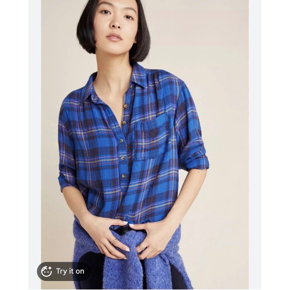 Anthropologie Plaid Tunic Womens M Blue Excellent Button Back Flannel Shirt